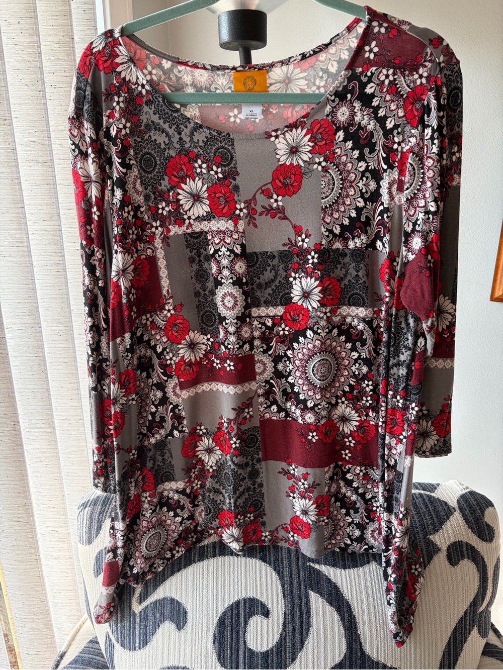 Women's Floral Patchwork Long-Sleeve Top - Red & Gray